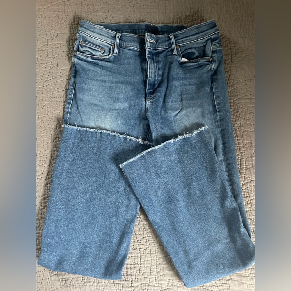 MOTHER Blue Frayed Wide Leg Jeans